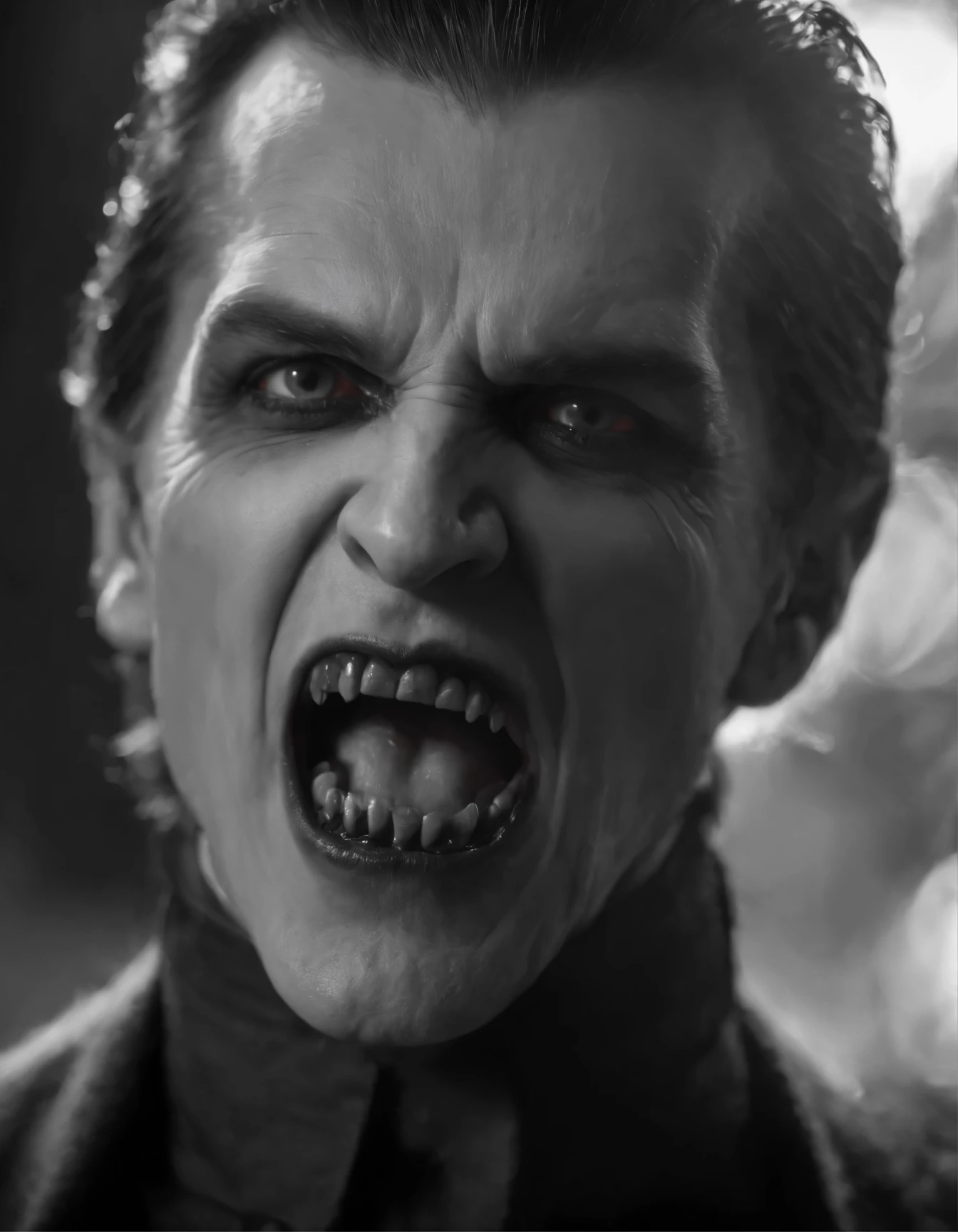 Amazing blurred shot of an angry Vampire showing the fangs, with amazing details. ABRASIVE AUTHENTICITY, black and white palette