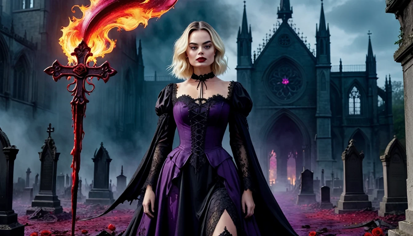 (Margot Robbie) , (Messenger from hell:1.4),cross,a giant Blood-sucking ghost,View of sickle from below,hell,magma,flame,(purple flame:1.3),There is fresh Blood on the ground,Blood pool,dripping Blood,Gothic aesthetics,one、Rose、castle、cross、Blood、churchyard,The mystery of gothic style、solemn and profound,gothic style,gothic style lace clothes、Rose symbolizes romance、grave、Blood-sucking ghost、witch、ruins、gothic cathedral,Gothic symbols series.