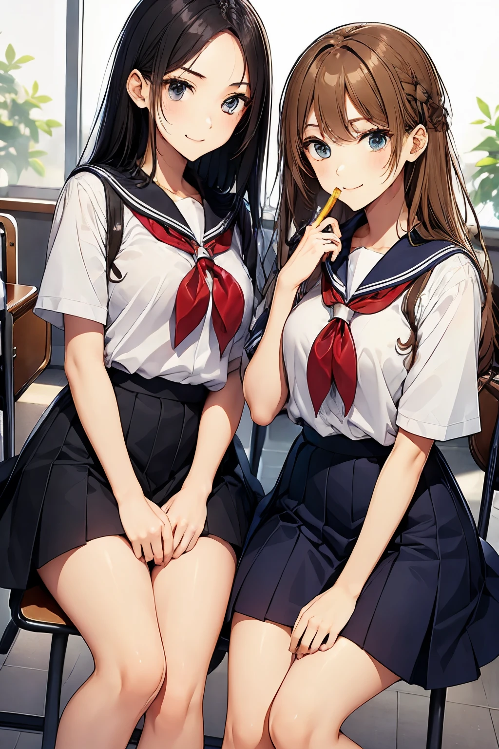 Two high school girls eating lunch、seductive smile、school classroom、sitting in a chair