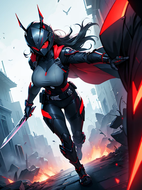 Kamen Rider Black, solo, night background, red eyes, glowing eyes, (1girl,mature woman,large breasts), full body, weapon, female focus, belt, sword, holding weapon, armor, holding sword, helmet, clenched hand, antennae, rider belt,
