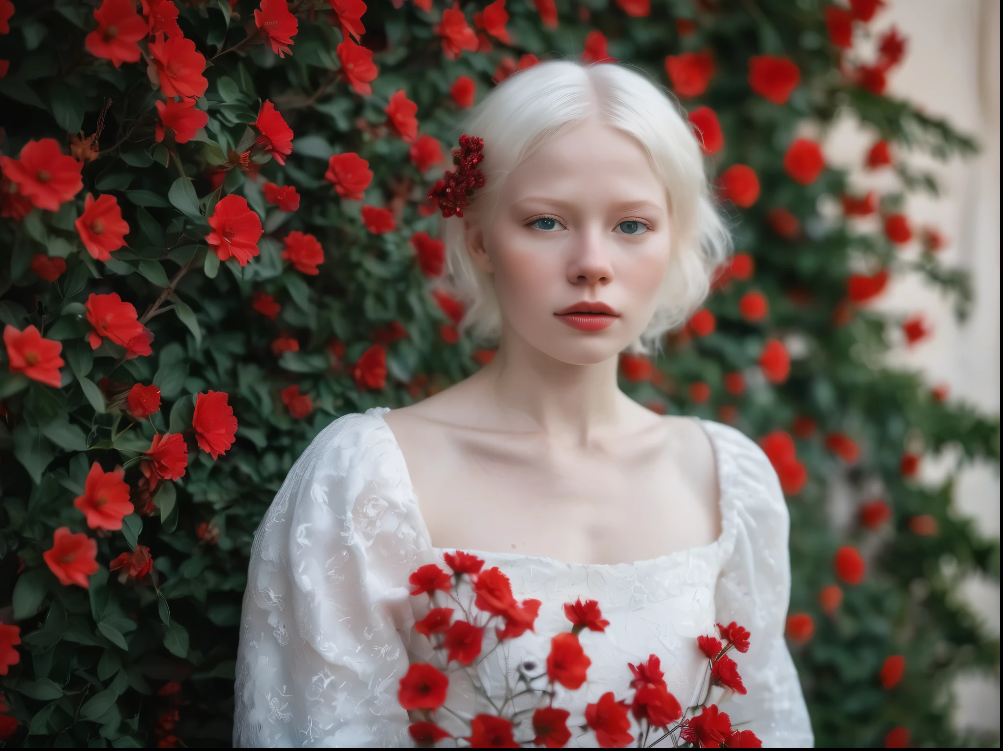 A close up portrait shot of a albino girl wearing white drees standing against a wall made of red flowers, Canon EOS R5, Canon 15-35mm f/2.8 Lens, pro mist filter, iso 100, shutter speed 1/500, f/2.8, dreamy aesthetic, bloom, cinematic, 4k
