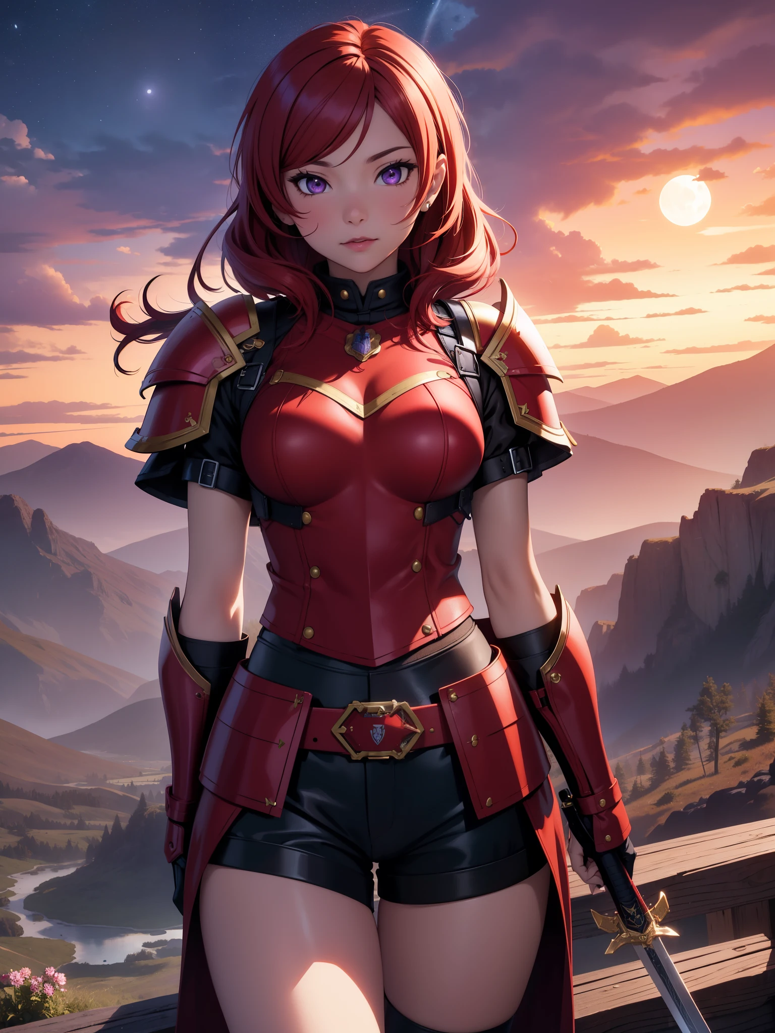 (Masterpiece, Best Quality, High Quality), facing viewer,volumetric lighting, illustration, beautiful, perfect lighting, perfect shadows,Nishikino maki , cowboy shot, (armor:1.2), short shorts, thighs, solo, purple eyes ,red hair ,in mountains,under moonlight, dynamic pose, holding sword