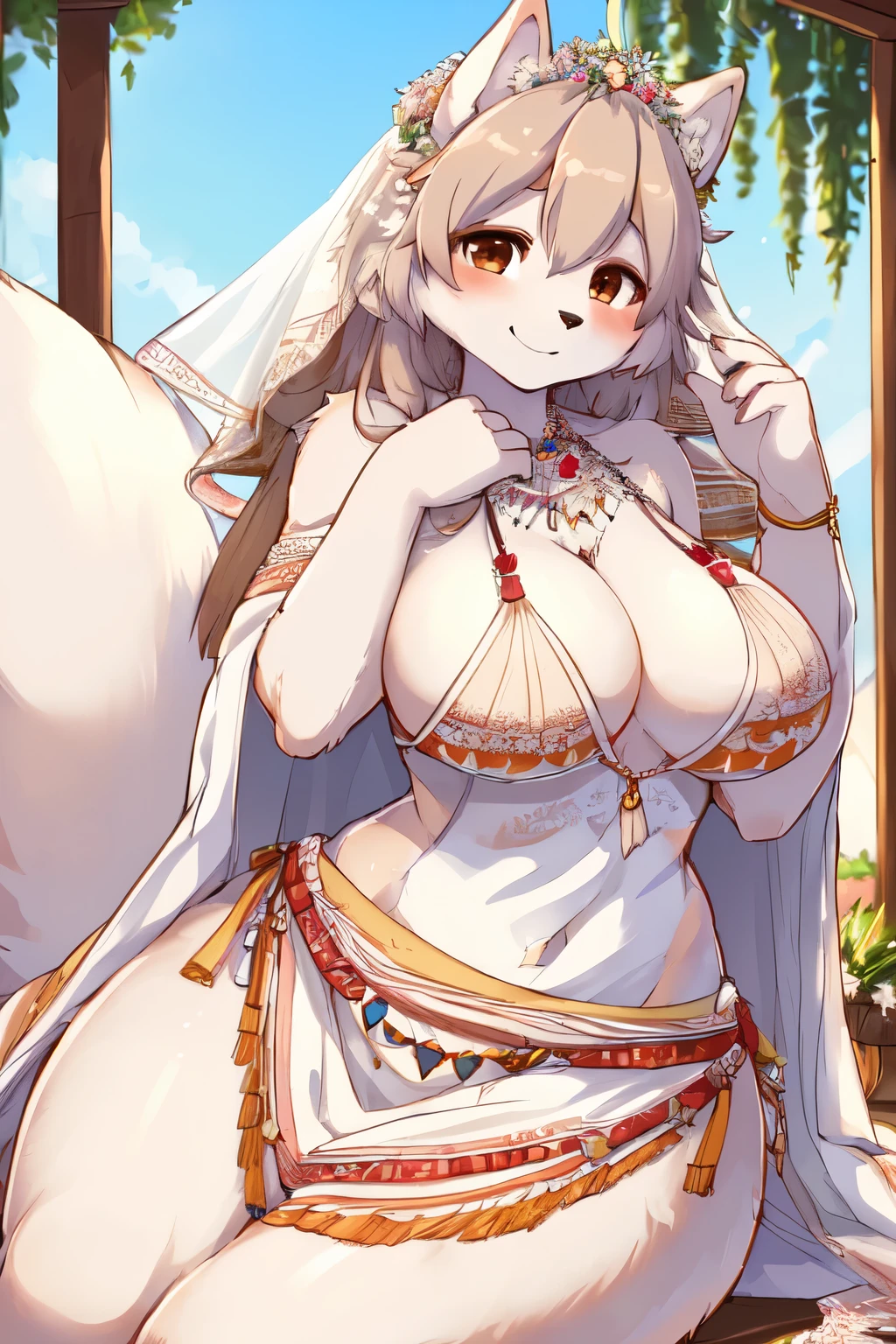((8k, 4k, Detailed, High quality)), furry, female, mature female, by buta99, husky, sexy body, breasts, cute face, brown eyes, fluffy tail, tribal wedding dress