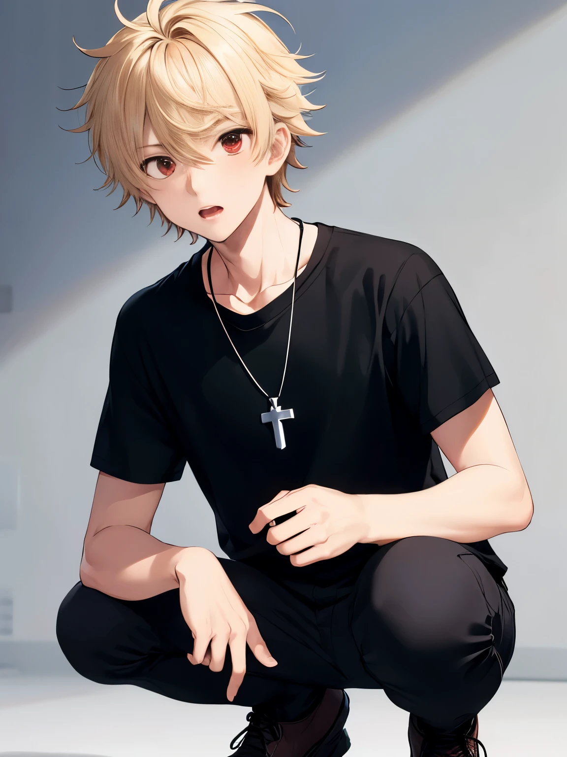 1 boy, guy, handsome, 18 years old, close up photo,Surprised expression,squat,Camera angle from below,,Short hair,blonde hair, messy hair, handsome,black t-shirt,Cross necklace,black trousers,red eyes, vampire, ultra detail, ultra HD, masterpiece, best quality