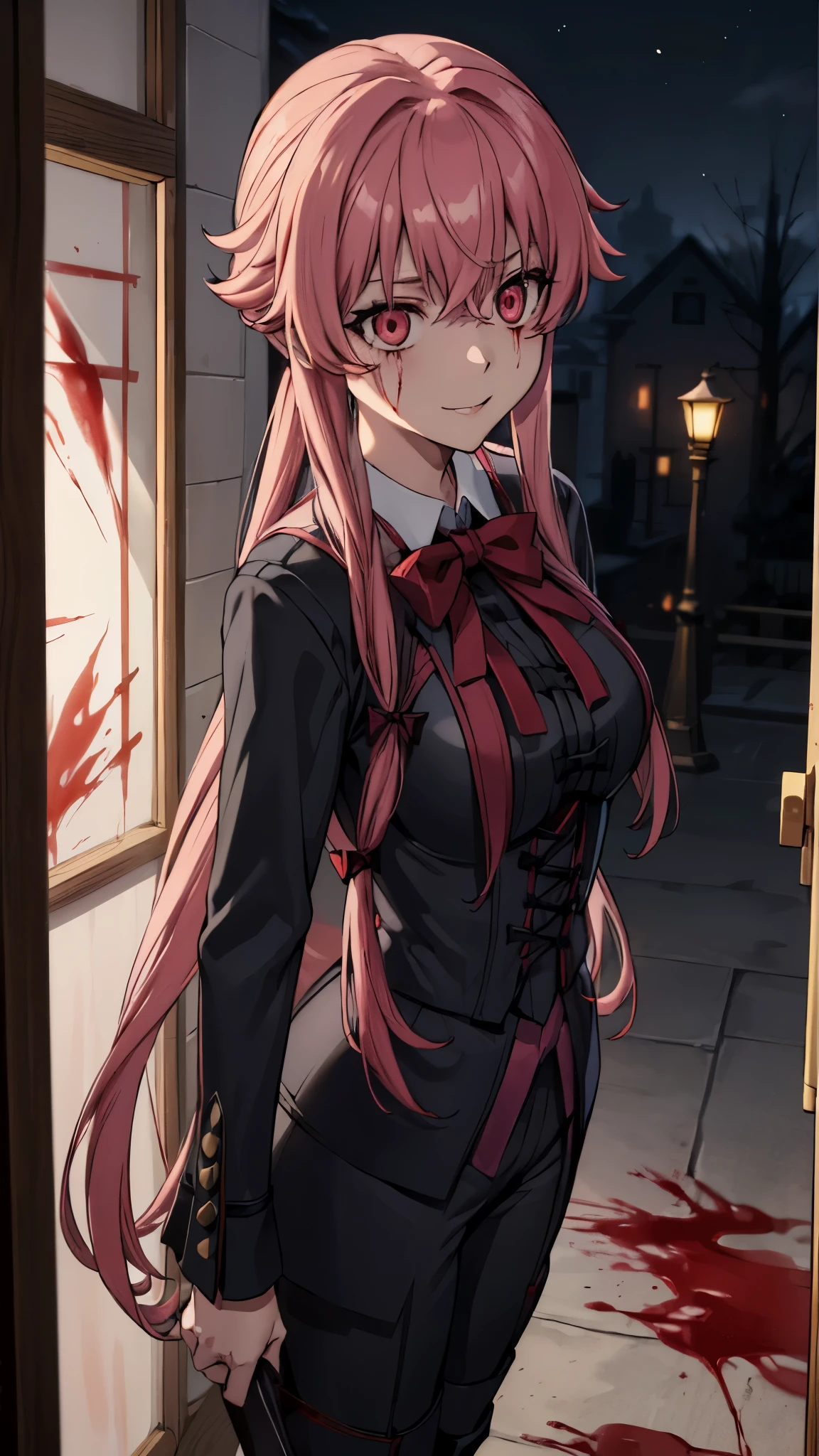 (best quality:1.3), Yuno Gasai , ((lingerie)), long hair, pink hair, smile, low twintails, yuno gasai, (Black, Lilien Tailcoat Black Pure Rose:1.37), (large breasts:1.5), 1girl, red eyes, (night:1.1), (evil eyes:1.1), Ladies Lace Up Boots, blood, (black trousers:1.1), (out door:1.5), (top hat:1.5), (evil:1.5), jack the ripper, (blood on body:1.5), (evil eyes:1.4), 4k, 8k, killing, best quality, masterpiece