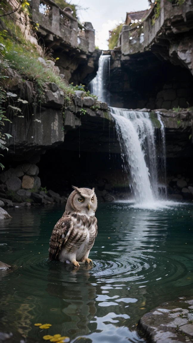 When a cute owl walked into the dark castle,A faint ray of sunlight shines in from the cracks in the ancient wall。It wears a special magician costume,Wear a pointed hat,holding magic wand,Dressed in brightly colored silk scarves,Embroidered gold adventure badge,It symbolizes courage and adventure。The castle is full of ancient atmosphere,The walls are inlaid with glittering gems and treasures。The owl goes deep into the castle,Found a hidden passage,The walls of the passage are inlaid with pearls of strange shapes,exudes softness。Cross the passage carefully,I could faintly hear the sound of running water.,A stunning underground waterfall comes into view。Waterfalls cascade from towering rock walls,A pool of crystal clear water is formed,The swimming pool glows blue,There seems to be endless treasure hidden。Owls explore the island, It is made of pearls and gems in the water,There is an exquisite treasure chest on the island,Set with sparkling diamonds。The owl cautiously opened the box,Found filled with glittering gems and gold coins。 (movie lighting, 第一人称perspective, perspective, panoramic, super wide angle, ultra high definition, anatomically correct, masterpiece, precise, Award-winning, best quality),