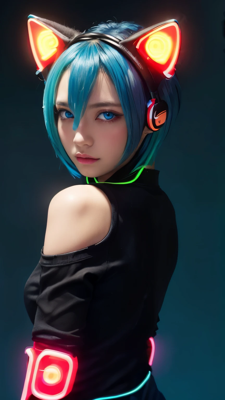 masterpiece, highest quality, 4K, Photorealistic, bokeh, enlightenment,1 perfect portrait of a girl, (A fascinating eye for perfect detail:1.2), colorful hair, (gradient hair), (neon blue hair:1.6), (Cat ear:1.2), fantasy background, (exposed bare shoulders), (Neon blue long-term alienation sleeve), (lean forward a little), head tilt, movie lighting, oversized clothes, (seductive pose:1.4), (neon blue background:1.6), beautiful blue eyes, close up,