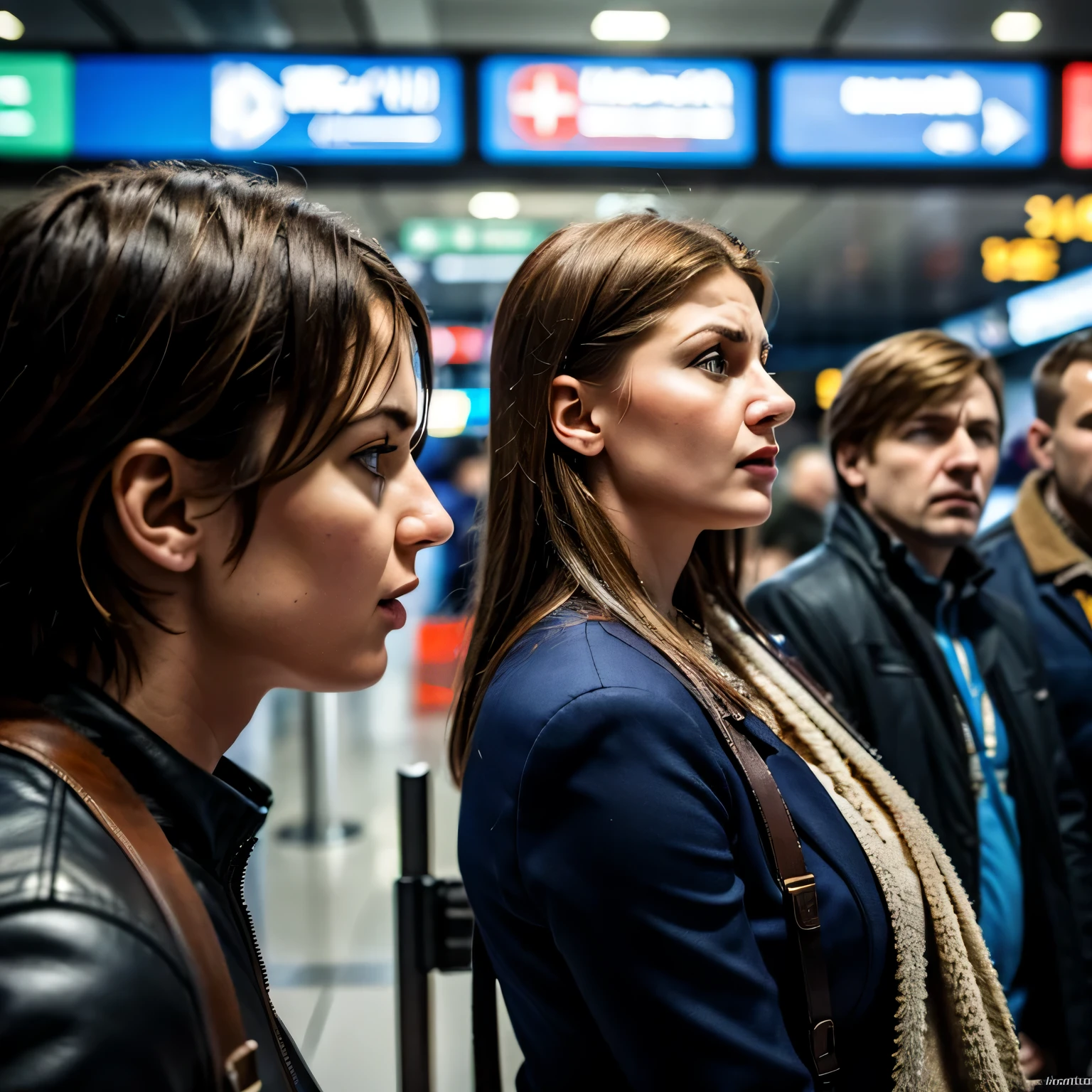 realistic photos of disgruntled crowd of russian people at the airport reception, side view, swearing, UHD, masterpiece, super detailed, high quality, high resolution, sunny day