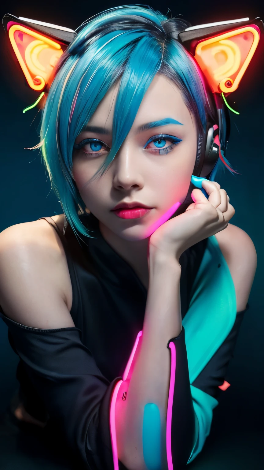 masterpiece, highest quality, 4K, Photorealistic, bokeh, enlightenment,1 perfect portrait of a girl, (A fascinating eye for perfect detail:1.2), colorful hair, (gradient hair), (neon blue hair:1.6), (Cat ear:1.2), fantasy background, (exposed bare shoulders), (Neon blue long-term alienation sleeve), (lean forward a little), head tilt, movie lighting, oversized clothes, (seductive pose:1.4), (neon blue background:1.6), beautiful blue eyes, close up,