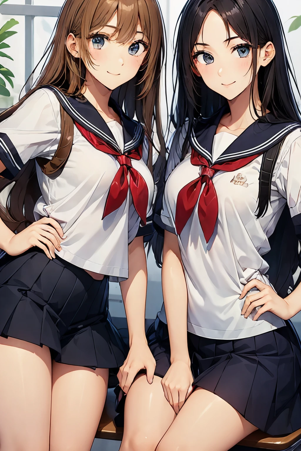 Two high school girls eating lunch、seductive smile、school classroom、sitting in a chair