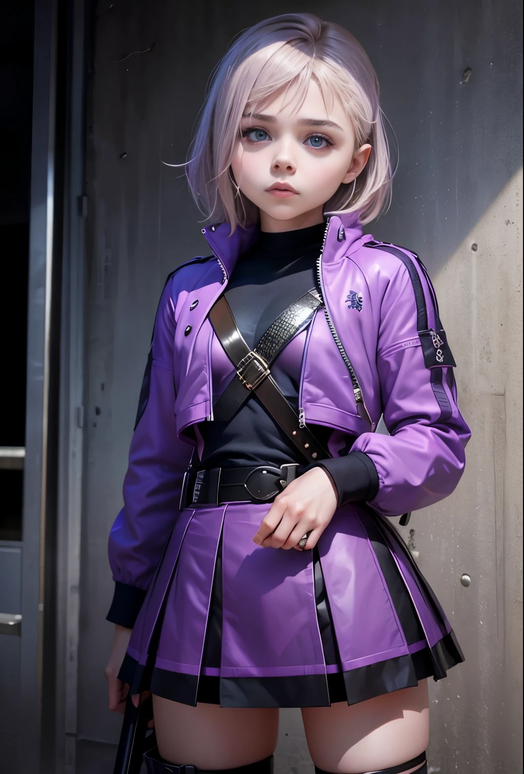  Chloe Grace Moretz in purple outfit with  heroine kevlar , Tactics , chess skirt , katana  . Front 