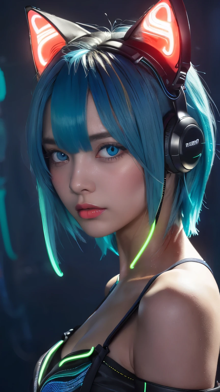 masterpiece, highest quality, 4K, Photorealistic, bokeh, enlightenment,1 perfect portrait of a girl, (A fascinating eye for perfect detail:1.2), colorful hair, (gradient hair), (neon blue hair:1.6), (Cat ear:1.2), fantasy background, (exposed bare shoulders), (Neon blue long-term alienation sleeve), (lean forward a little), head tilt, movie lighting, oversized clothes, (seductive pose:1.4), (neon blue background:1.6), beautiful blue eyes, close up,