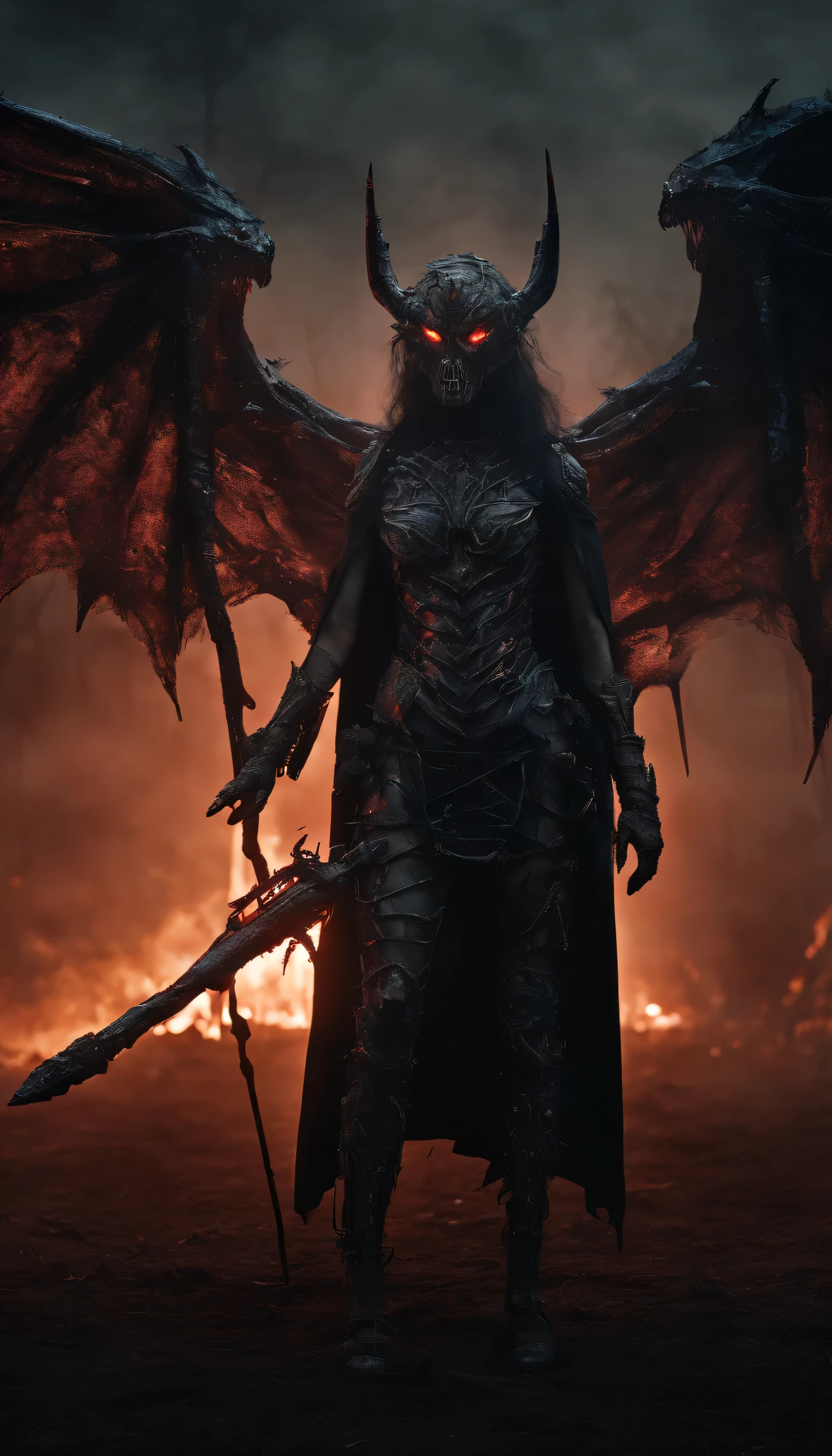 Beautiful Succubus Warrior wearing Neon Mecha Armour Holding a Staff in a field of blood, glowing light eyes, Demon wings, Wide Shot, Biomechanical, eerie, Creepy, nightmarish, Very bright neon colours, Light particles, with light glowing, winner of the year's best photo, the world on fire, post-apocalyptic hellscape military photography, photo epic of the year, fire on the horizon, epic cinematic shot, pure form, intricate detail, 8k post-production, High resolution, super Detail,