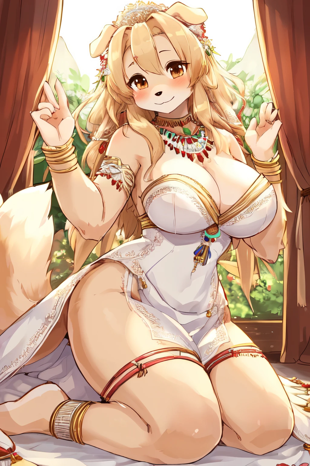 ((8k, 4k, Detailed, High quality)), furry, female, mature female, by buta99, golden retriever, sexy body, breasts, cute face, brown eyes, fluffy tail, tribal wedding dress