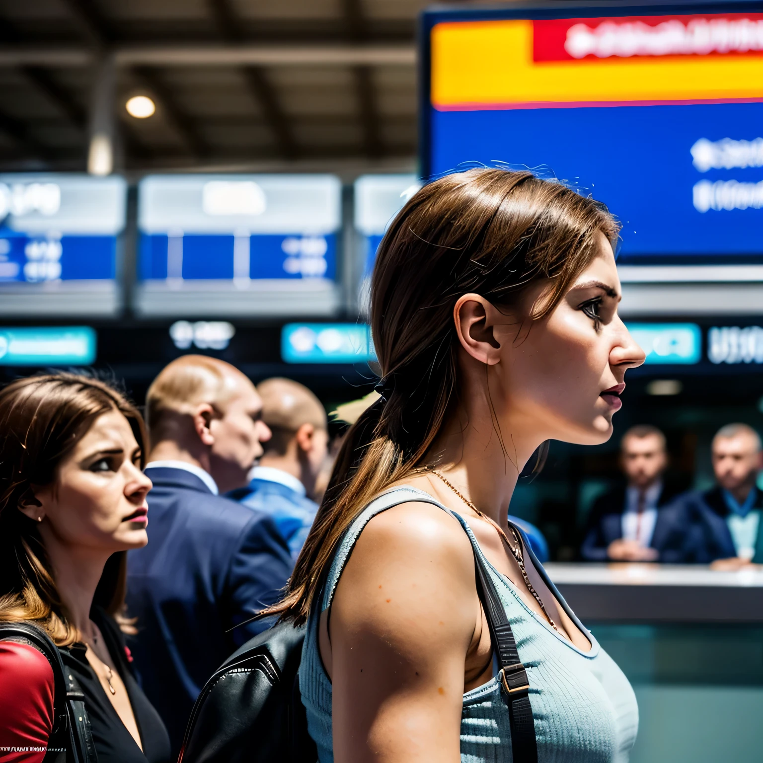 realistic photos of disgruntled crowd of russian people at the airport reception, side view, swearing, UHD, masterpiece, super detailed, high quality, high resolution, sunny day