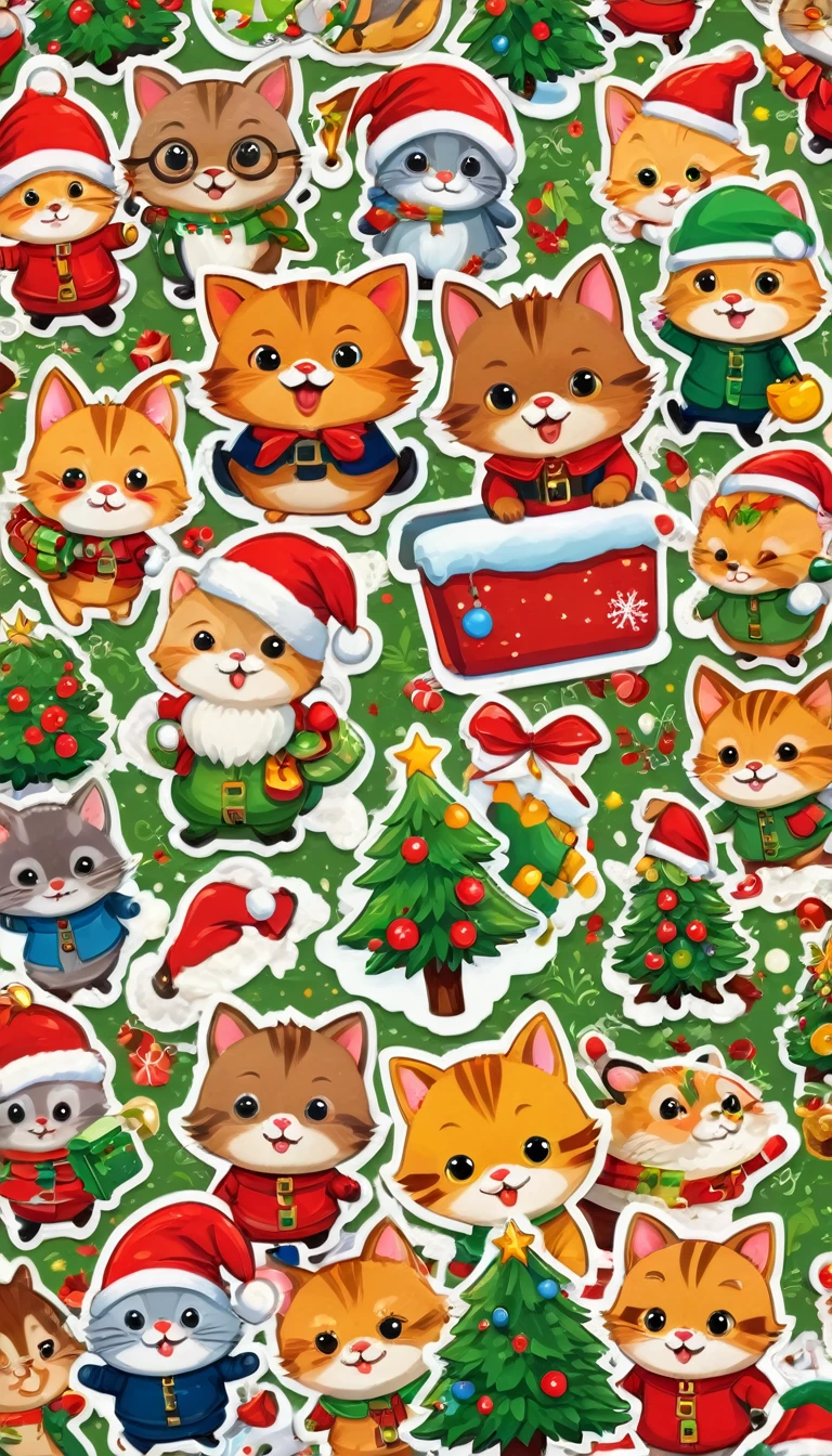 sticker design, Christmas Stickers, vector art, playful style, Lovely, chibi, background, author:Richard Scarry, improve, complex, (masterpiece, representative work, official art, professional, unified 8k wallpaper:1.3)