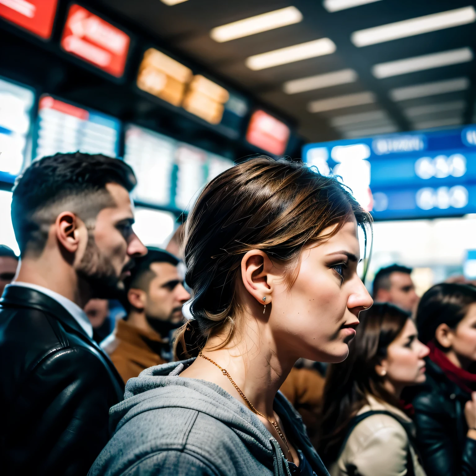 realistic photos of disgruntled crowd of russian people at the airport reception, side view, swearing, UHD, masterpiece, super detailed, high quality, high resolution, sunny day