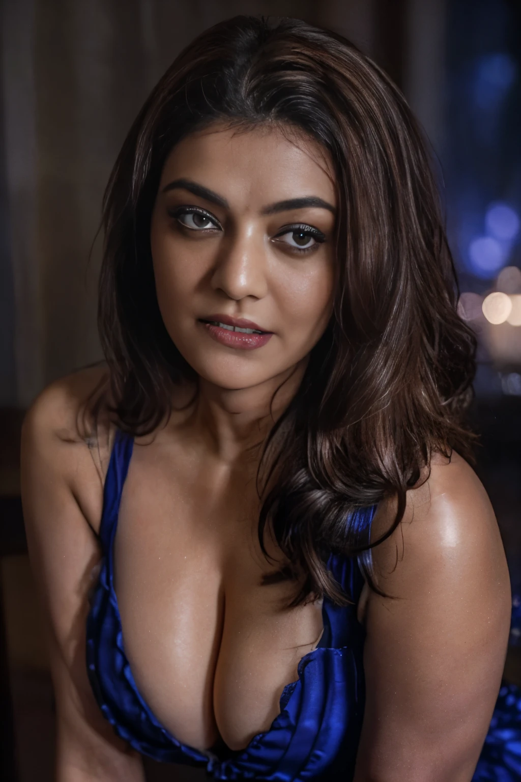 close-up portrait, (portrait photo), ((best quality)), masterpiece, 8k wallpaper, nikon, cinematic lighting, medium hair, ((blue iris)), (photorealistic:1.4), (kajal), (as maid), (deep cleavage), lip bite expression