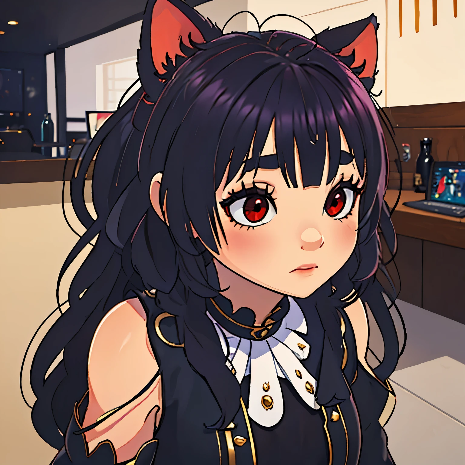 Mejor calidad: 1.0), (super high resolution: 1.0), chica animado, ,((long hair slightly wavy slightly past the shoulders, black bangs, small black pigtails on the sides, cute cat ears, beautiful thin red eyes,)),, sentado frente a la computadora jugando juegos, background in e-sports hall,