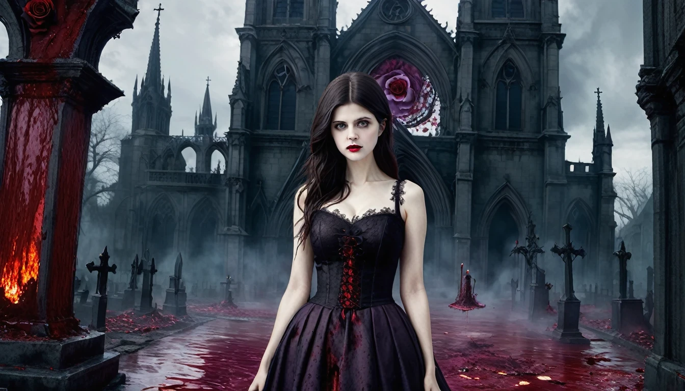 (Alexandra Daddario) , （Messenger from hell：1.4），cross，a giant Blood-sucking ghost，View of sickle from below，hell，magma，flame，（purple flame：1.3），There is fresh Blood on the ground，Blood pool，dripping Blood，Gothic aesthetics，one、Rose、castle、cross、Blood、churchyard，The mystery of gothic style、solemn and profound，gothic style，gothic style lace clothes、Rose symbolizes romance、grave、Blood-sucking ghost、witch、ruins、gothic cathedral，Gothic symbols series.