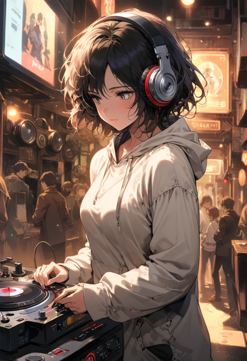 girl, beats headphones, pioneer DJ turntable, DJ CONTROLLERS, hoodie, cartoon saloon, dj play, cowboy shot, looking away from side, realistic, detailed background, by Tsukasa Hojo, (masterpiece, best quality, perfect composition, very aesthetic, absurdres, ultra-detailed, intricate details, Professional, official art, Representative work:1.3), (Animagine:0.01)