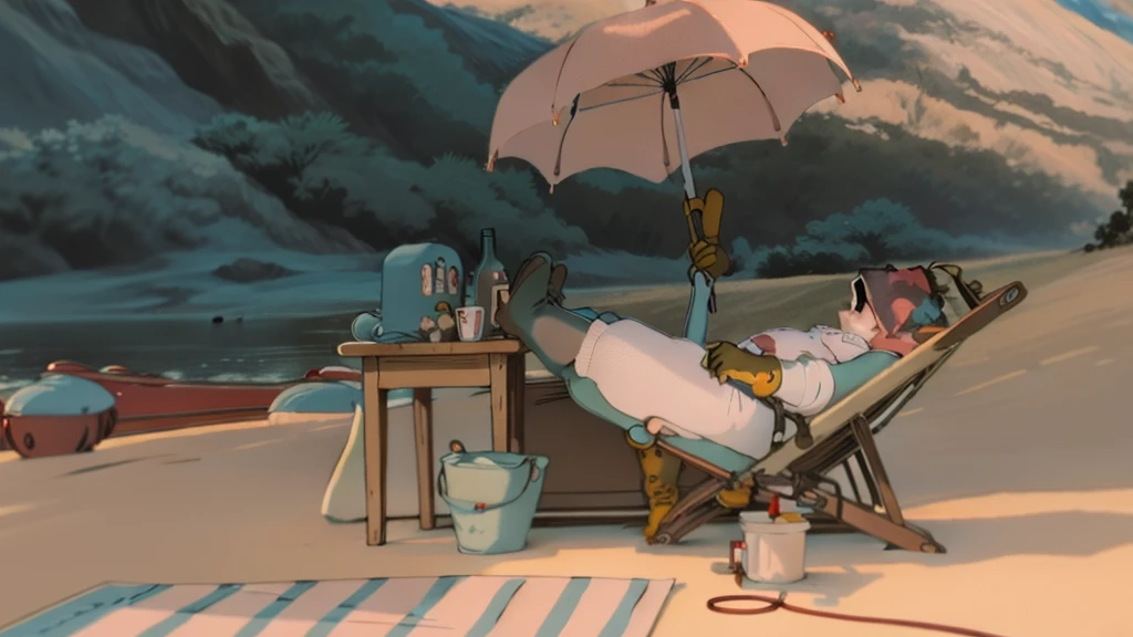 Animated scene of a man lying on the beach with an umbrella, miyazaki movie scene, miyazaki anime movies, Ghibrimebius, medium shot. by Hayao Miyazaki, ghibli anime style, by Miyazaki, miyazaki movie, miyazaki movie, Hayao Miyazaki&#39;s style