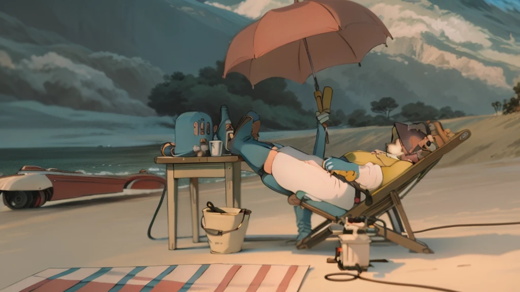 Animated scene of a man lying on the beach with an umbrella, miyazaki movie scene, miyazaki anime movies, Ghibrimebius, medium shot. by Hayao Miyazaki, ghibli anime style, by Miyazaki, miyazaki movie, miyazaki movie, Hayao Miyazaki&#39;s style