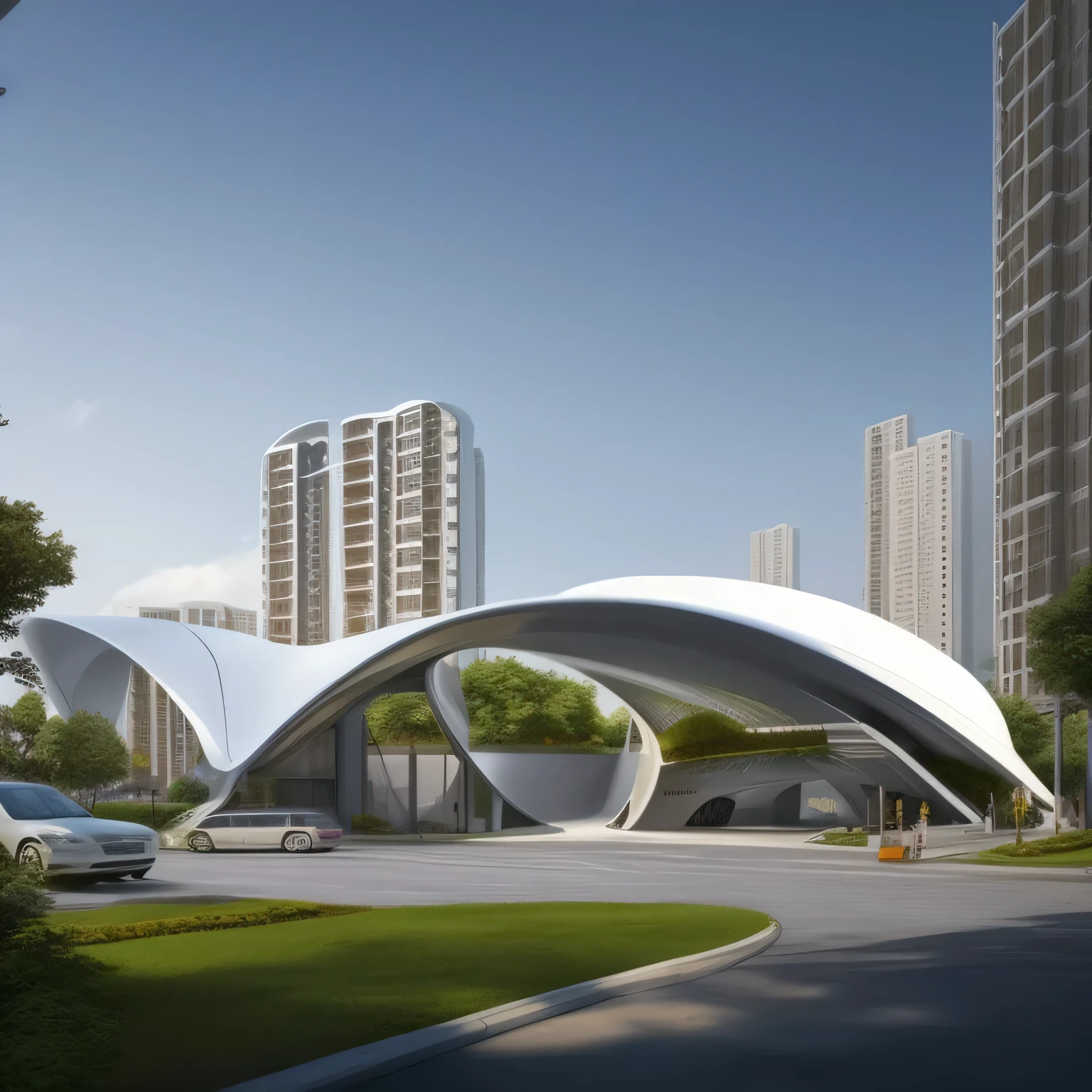Arabic-style building in the middle of the road,There are many cars parked in front, by Zha Shibiao, inspired by Zha Shibiao, in style of Zaha Hadid architect, Web portals. Zaha Hadid, ultra - futuristic architecture, futuristic structure, Zaha Hadid style architecture, futuristic architecture concept, in style of Zaha Hadid, futuristic architecture, Architectural renderings