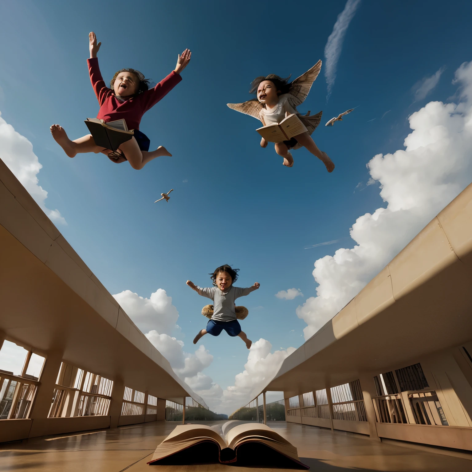 Children flying in a book