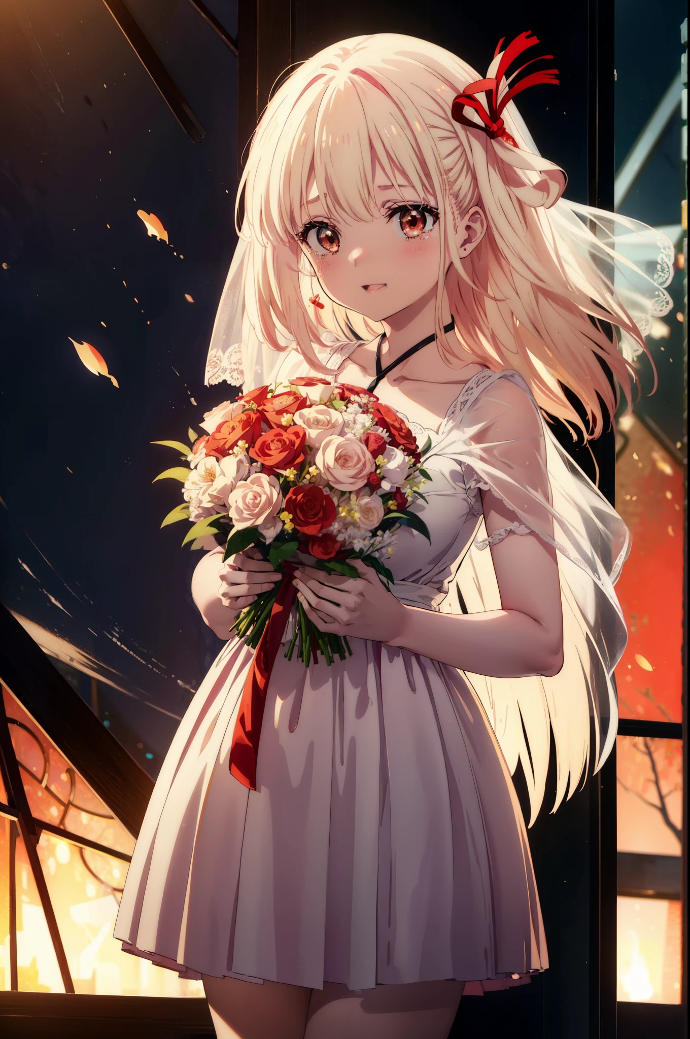 chisatonishikigi, Chisato Nishikigi, long hair, bangs, blonde hair, (red eyes:1.5), hair ribbon, one side up, tears run down her face,Crying with joy,blush,smile, open your mouth,Red Wedding Dress,veil,Red wedding skirt,bouquet,bouquetトス,holding a large bouquet of flowers in both hands,
break indoors, church,chapel,
break looking at viewer, (cowboy shot:1.5),
break (masterpiece:1.2), highest quality, High resolution, unity 8k wallpaper, (figure:0.8), (detailed and beautiful eyes:1.6), highly detailed face, perfect lighting, Very detailed CG, (perfect hands, perfect anatomy),