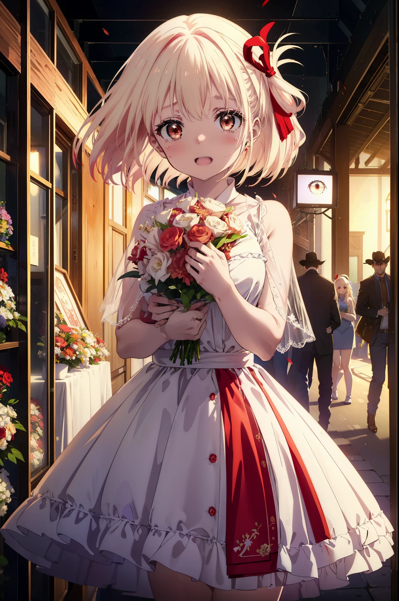 chisatonishikigi, Chisato Nishikigi, long hair, bangs, blonde hair, (red eyes:1.5), hair ribbon, one side up, tears run down her face,Crying with joy,blush,smile, open your mouth,Red Wedding Dress,veil,Red wedding skirt,bouquet,bouquetトス,holding a large bouquet of flowers in both hands,
break indoors, church,chapel,
break looking at viewer, (cowboy shot:1.5),
break (masterpiece:1.2), highest quality, High resolution, unity 8k wallpaper, (figure:0.8), (detailed and beautiful eyes:1.6), highly detailed face, perfect lighting, Very detailed CG, (perfect hands, perfect anatomy),