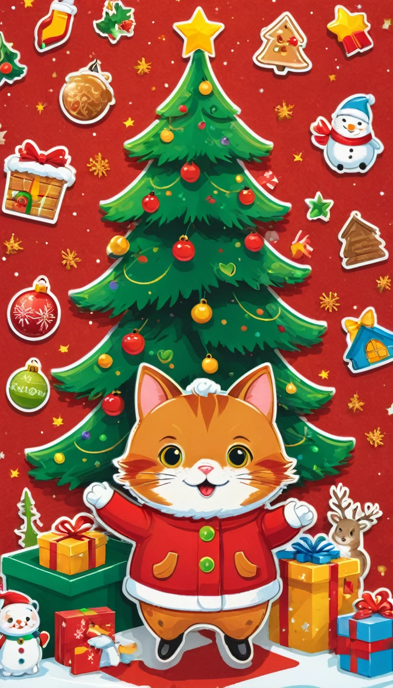 sticker design, Christmas Stickers, vector art, playful style, Lovely, chibi, background, author:Richard Scarry, improve, complex, (masterpiece, representative work, official art, professional, unified 8k wallpaper:1.3)