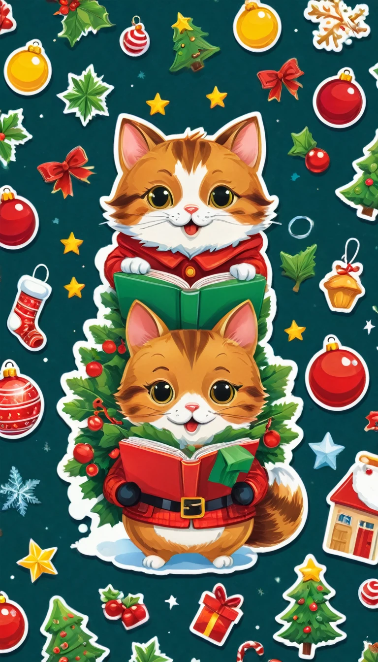 sticker design, Christmas Stickers, vector art, playful style, Lovely, chibi,  background, author：Richard Scarry, improve, complex, (masterpiece, representative work, official art, professional, unified 8k wallpaper:1.3)