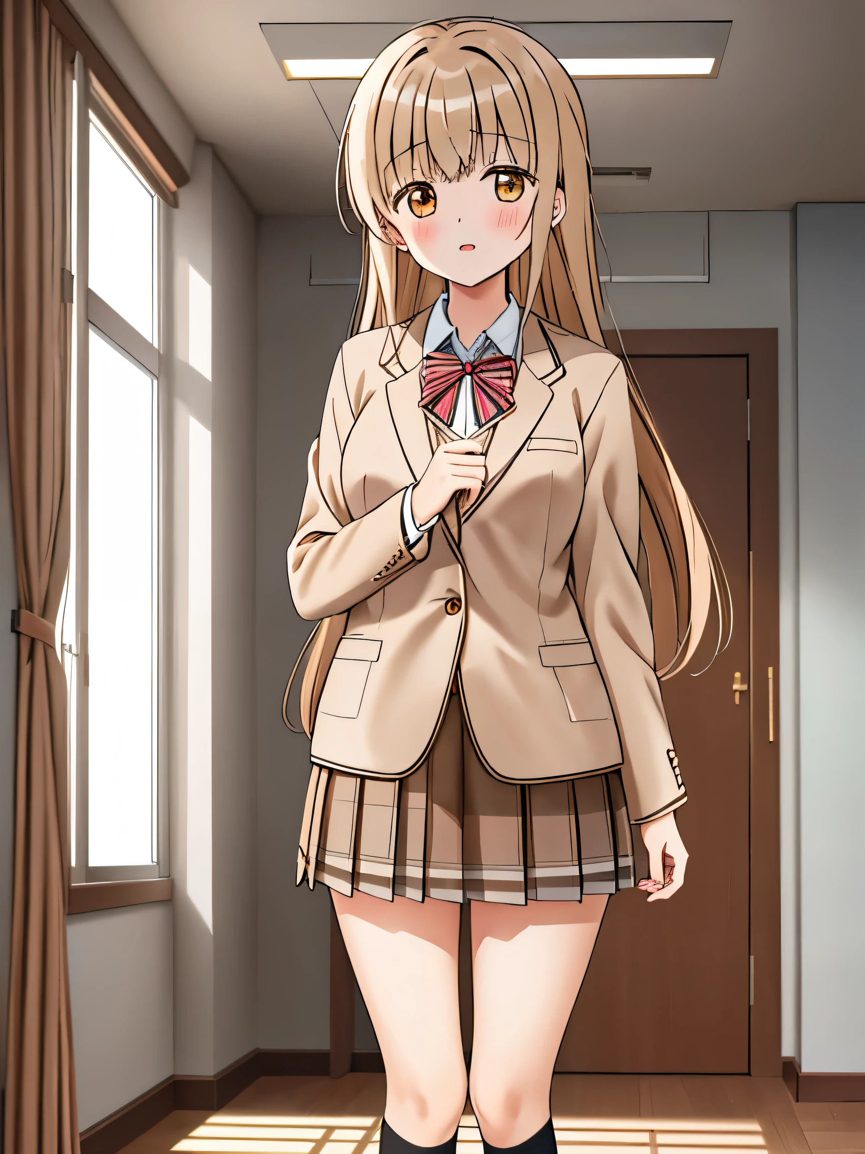 Masterpiece, HD, 1 girl, Mahiru Shiina, ,fashion suit jacket, Light brown sweater, collar shirt, necktie, brown skirt, plaid skirt, long socks,stand, indoor, room