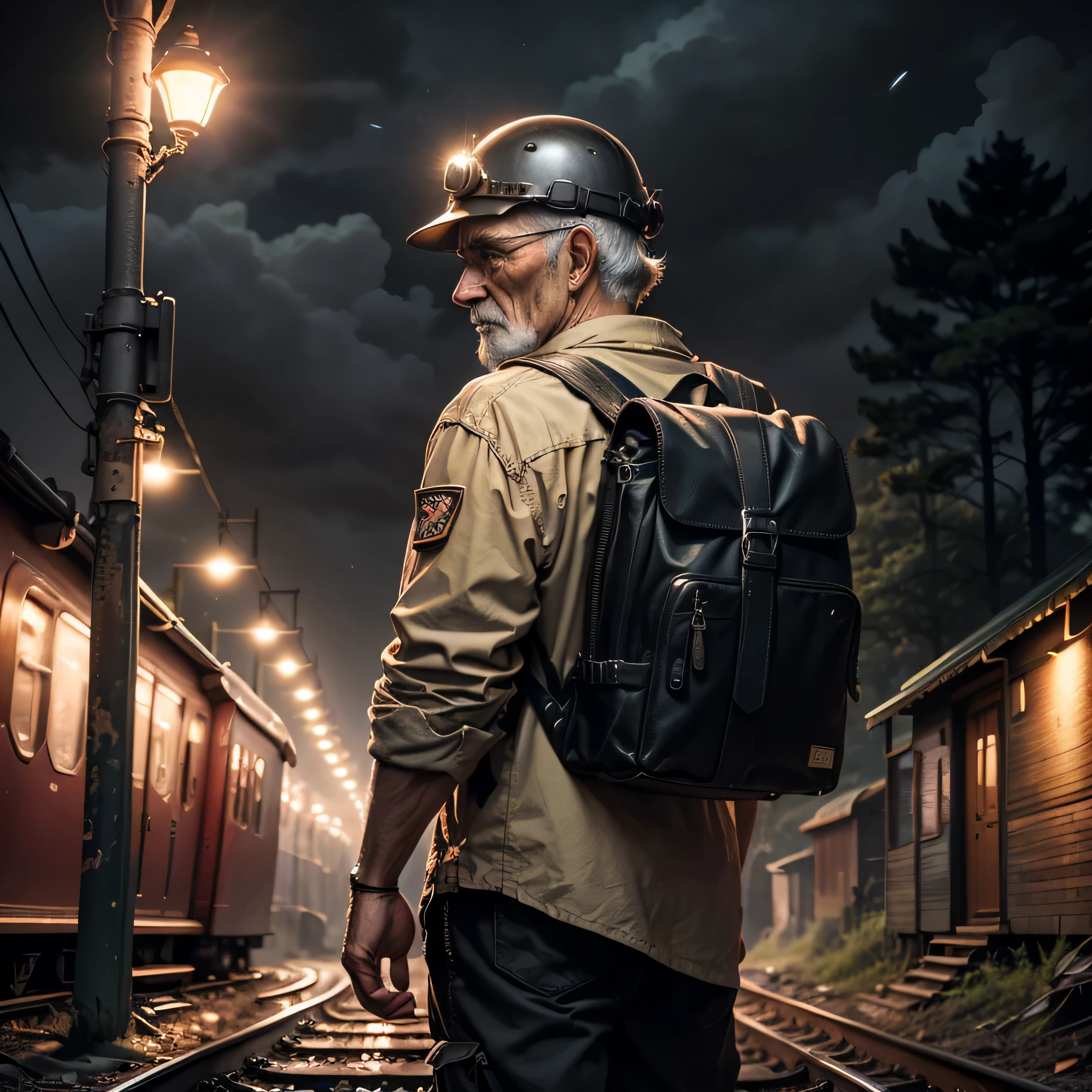 Wearing a backpack、Realistic image of old man in traveler&#39;s clothing,With a steel helmet， Carry a flashlight, Walking along the train tracks in the night forest, Darkness of the Night, Hunting weapons,Hasselblad X1D，Peter。Lindbergh，(masterpiece，top quality， best quality，official art，Aesthetics:1.2)