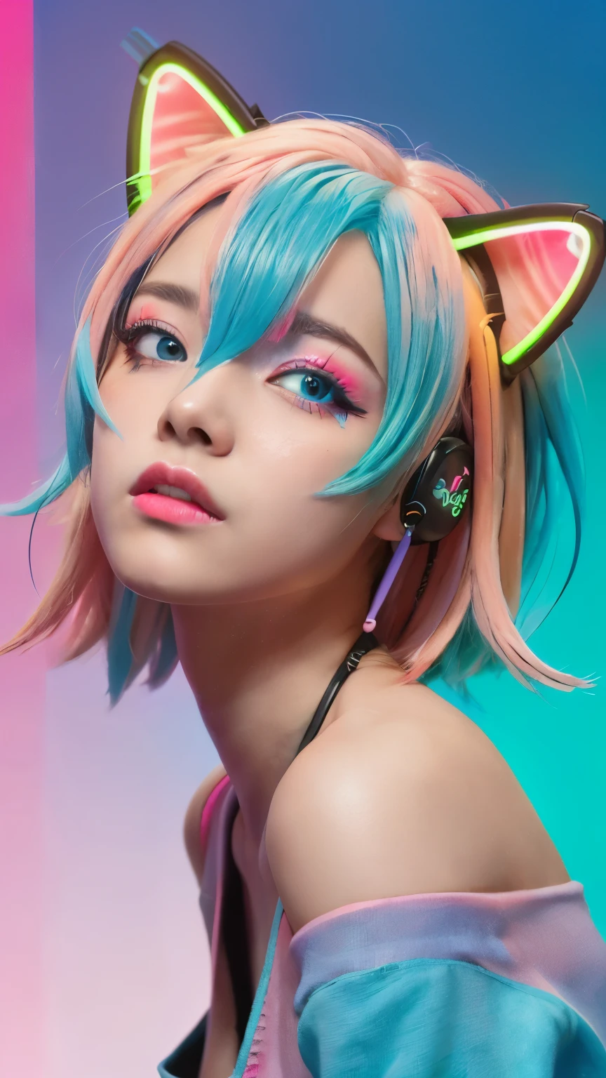 masterpiece, highest quality, 4K, Photorealistic, bokeh, enlightenment,1 perfect portrait of a girl, (A fascinating eye for perfect detail:1.2), colorful hair, (gradient hair), (neon blue and pink hair:1.6), (Cat ear:1.2), fantasy background, (exposed bare shoulders), (Neon blue long-term alienation sleeve), (lean forward a little), head tilt, movie lighting, oversized clothes, (seductive pose:1.4), (neon blue and pink background:1.6), beautiful blue eyes, close up,