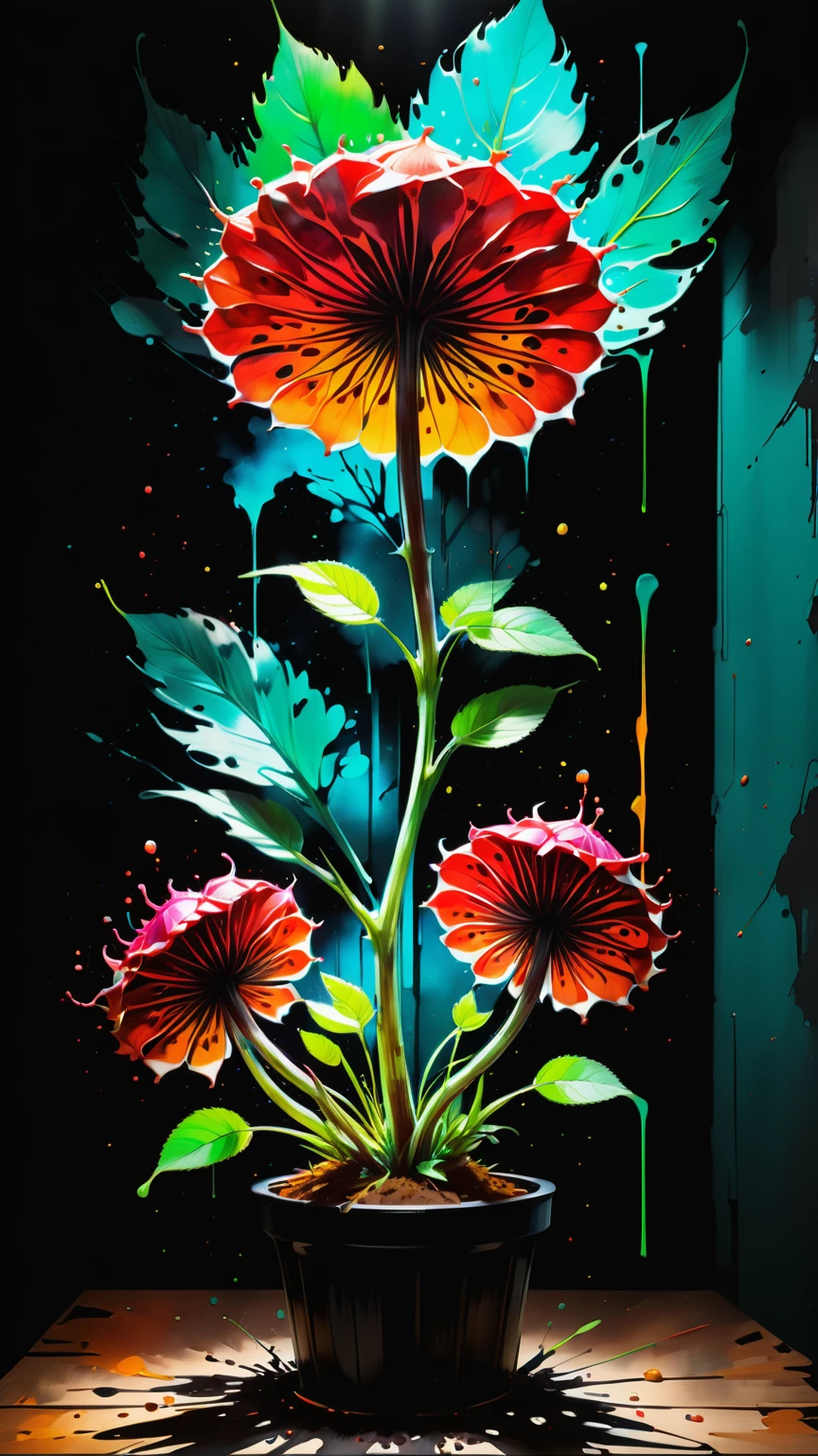 ((best quality)), ((masterpiece)), ((actual,The art of math)), (Super detailed), (splash of color:1.5) Giant Chocolate Spore Print Creeper Cluster Plant, Satin texture wavy wooden stem, Fibrous, Needle-shaped leaf, Diagonal veins, evacuation, Pinnate leaf margin, Rose madder inflorescence standard flower, Kodat, SageGreen Aggregate Fruit, Velvety, , octane rendering, Ray tracing, Volumetric lighting, backlight,edge lighting, 8K, high dynamic range,