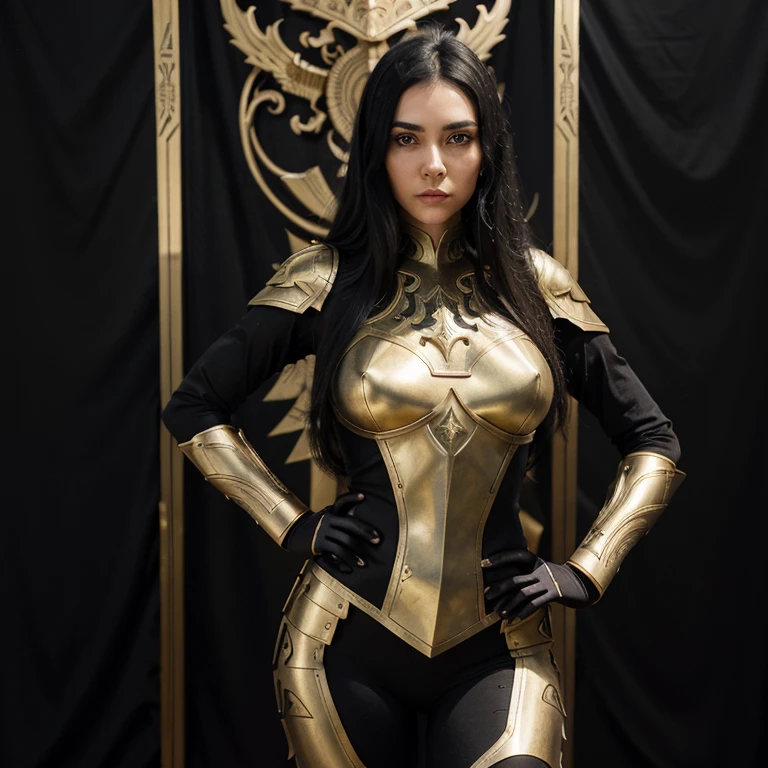 A beautiful young woman with dark eyebrows, a sharp face, large eyes, a high nose, long, tight black hair, a well-proportioned, elegant figure, wearing armor made from lightweight metal. Tighten the proportions of the body, gold and black, carved with patterns, showing the status of the king. The right hand holds a long, double-edged sword.
