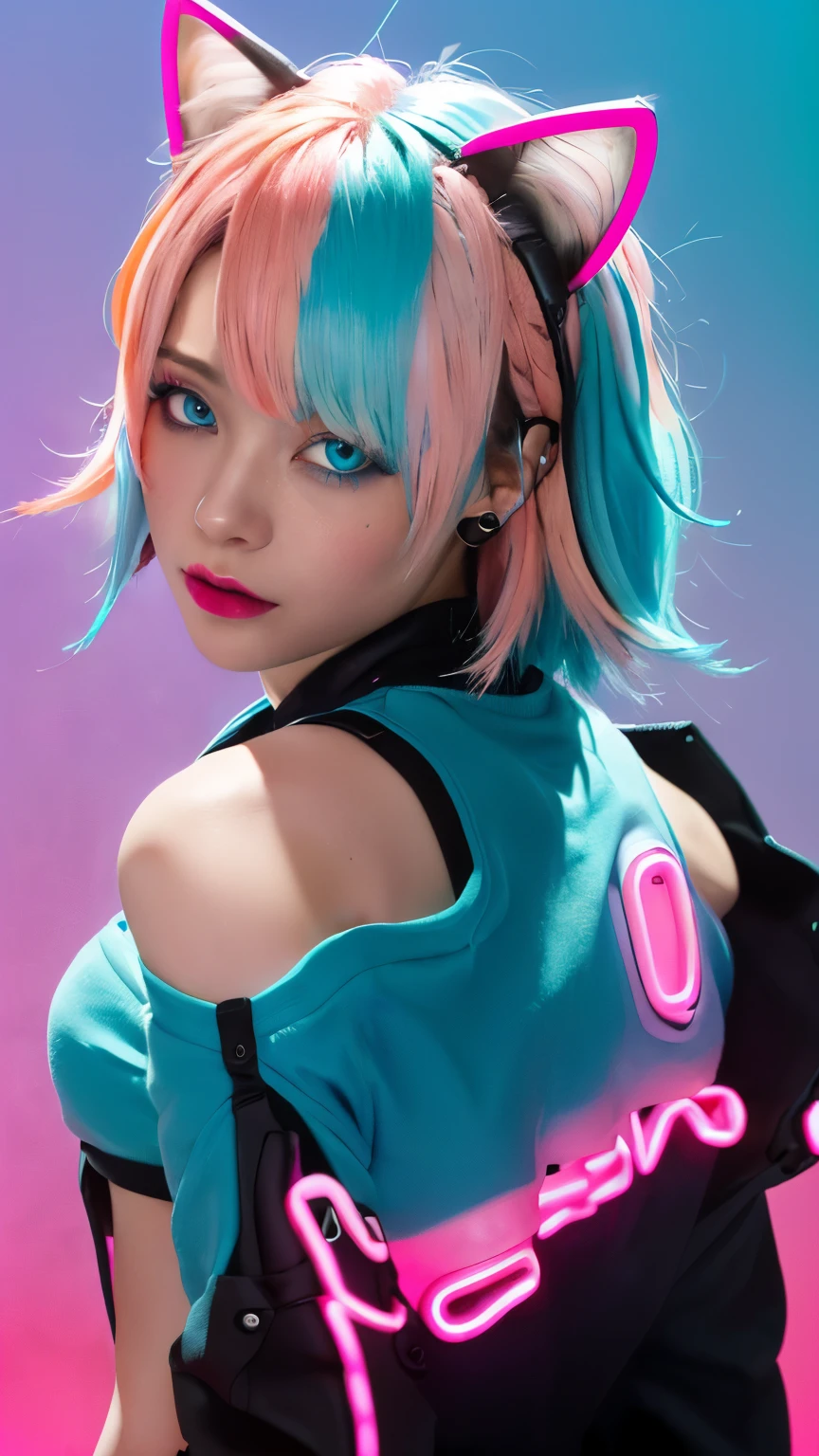 masterpiece, highest quality, 4K, Photorealistic, bokeh, enlightenment,1 perfect portrait of a girl, (A fascinating eye for perfect detail:1.2), colorful hair, (gradient hair), (neon blue and pink hair:1.6), (Cat ear:1.2), fantasy background, (exposed bare shoulders), (Neon blue long-term alienation sleeve), (lean forward a little), head tilt, movie lighting, oversized clothes, (seductive pose:1.4), (neon blue and pink background:1.6), beautiful blue eyes, close up,