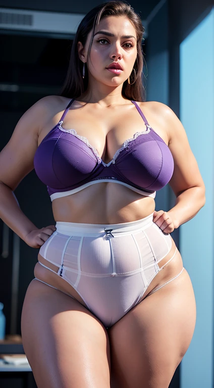 gigantesco , Enorme , bbw malaio, grande ,(( white-purple high waist underwear)), cor fresca dominante, Blue lighting ((#Cor da pele FEE3D4) (roupa interior de microfibra)