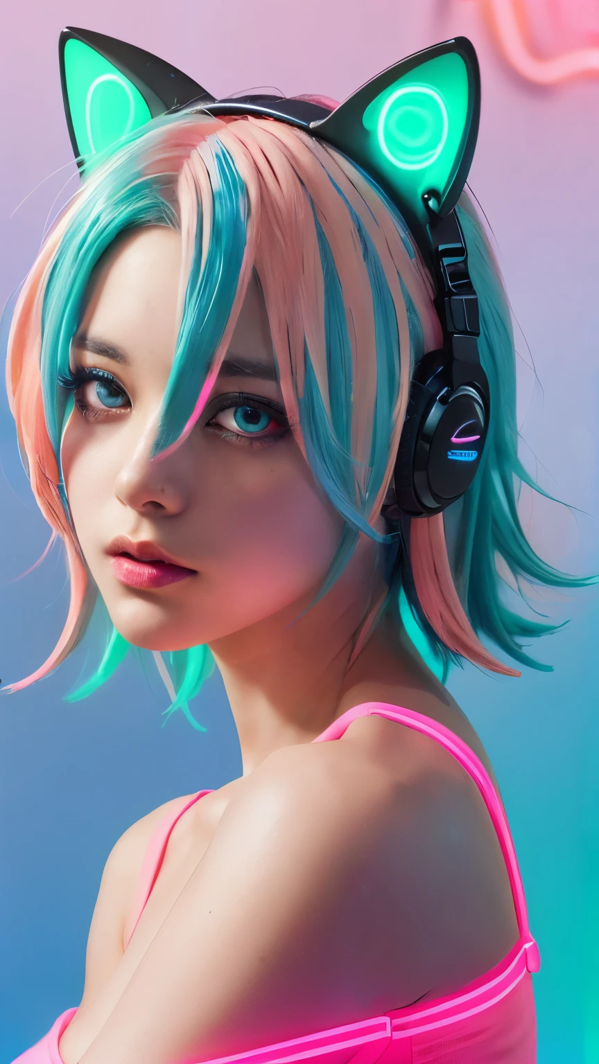 masterpiece, highest quality, 4K, Photorealistic, bokeh, enlightenment,1 perfect portrait of a girl, (A fascinating eye for perfect detail:1.2), colorful hair, (gradient hair), (neon blue and pink hair:1.6), (Cat ear:1.2), fantasy background, (exposed bare shoulders), (Neon blue long-term alienation sleeve), (lean forward a little), head tilt, movie lighting, oversized clothes, (seductive pose:1.4), (neon blue and pink background:1.6), beautiful blue eyes, close up,