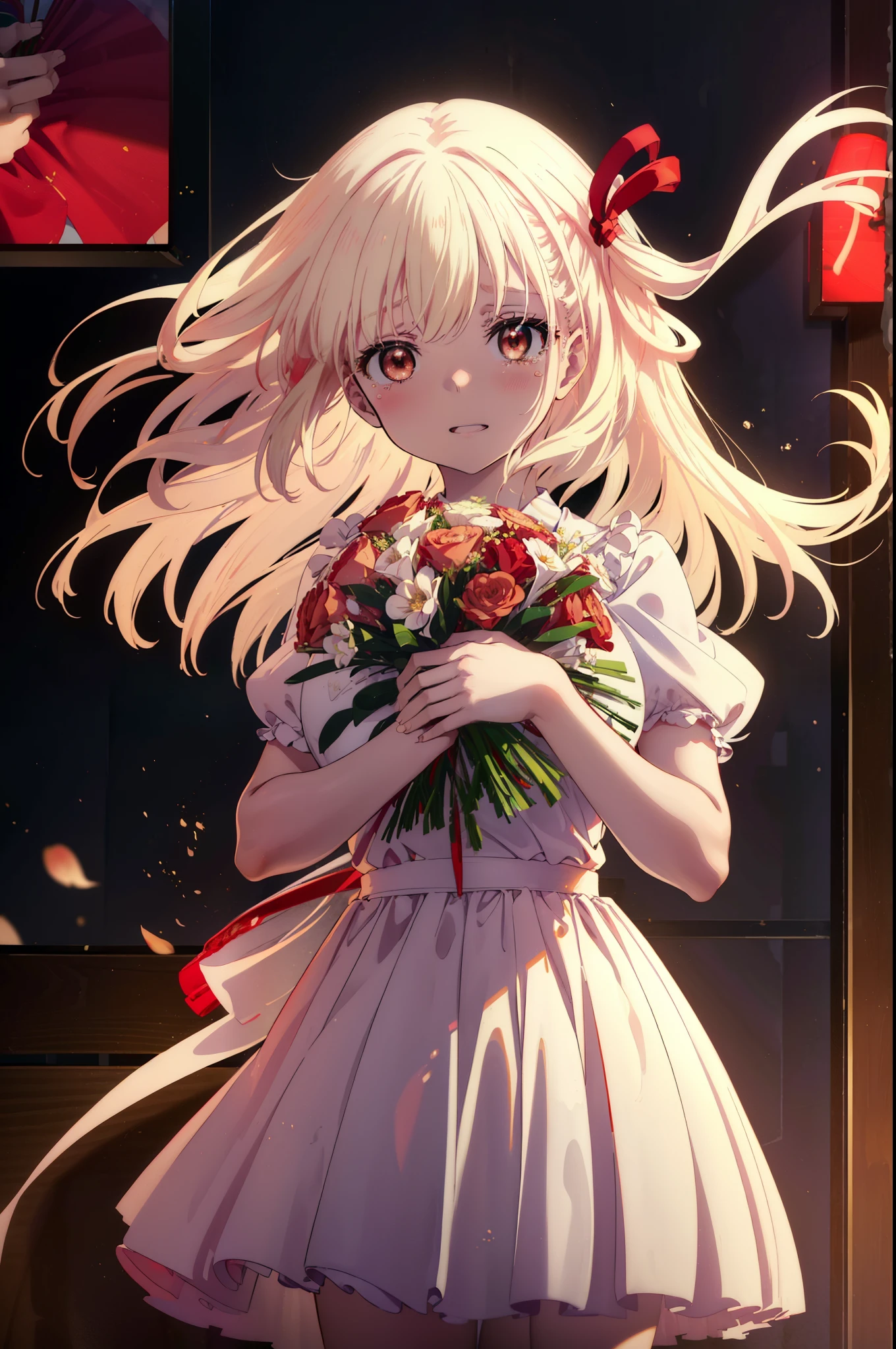 chisatonishikigi, Chisato Nishikigi, long hair, bangs, blonde hair, (red eyes:1.5), hair ribbon, one side up, tears run down her face,Crying with joy,blush,smile, open your mouth,Red Wedding Dress,veil,Red wedding skirt,bouquet,bouquetトス,holding a large bouquet of flowers in both hands,
break indoors, church,chapel,
break looking at viewer, (cowboy shot:1.5),
break (masterpiece:1.2), highest quality, High resolution, unity 8k wallpaper, (figure:0.8), (detailed and beautiful eyes:1.6), highly detailed face, perfect lighting, Very detailed CG, (perfect hands, perfect anatomy),