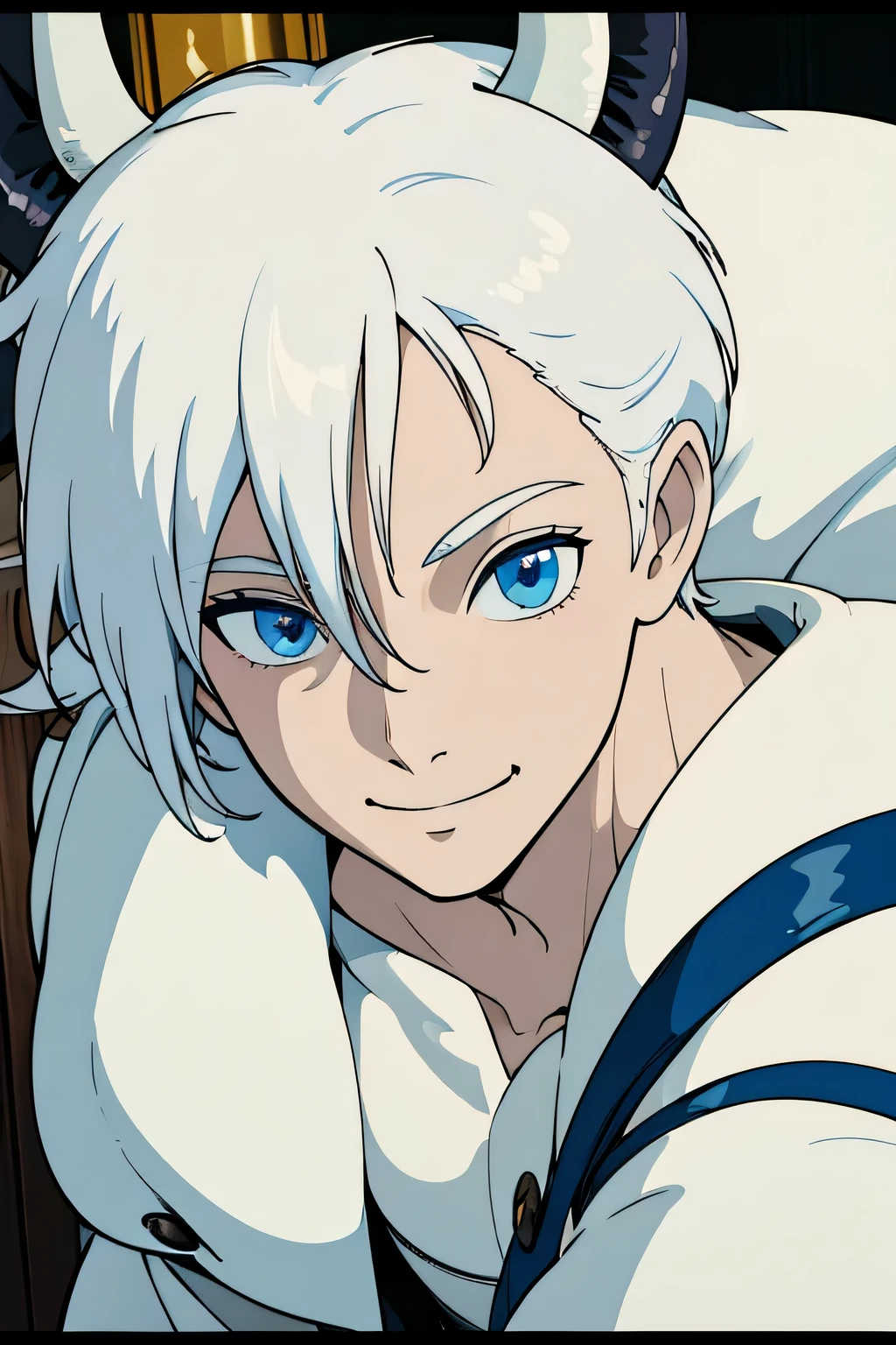 Male, pale Skin, Blue Eyes, adult, close up, white hair, cow ears, bull horns, front angle, smiling, winking, top less