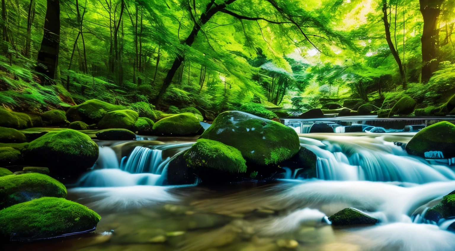 I took a photo of a peaceful moment spent in nature..。wood々Imagine a peaceful landscape bathed in soft morning light.。.。a gentle meandering stream、Surrounded by lush greenery。The overall atmosphere is calm and connected to the natural world.、Highlights the beauty and serenity of outdoor moments。