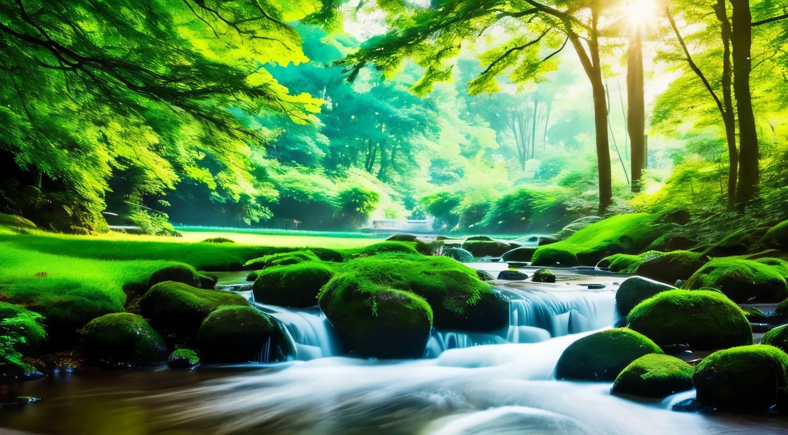 I took a photo of a peaceful moment spent in nature..。wood々Imagine a peaceful landscape bathed in soft morning light.。.。a gentle meandering stream、Surrounded by lush greenery。The overall atmosphere is calm and connected to the natural world.、Highlights the beauty and serenity of outdoor moments。