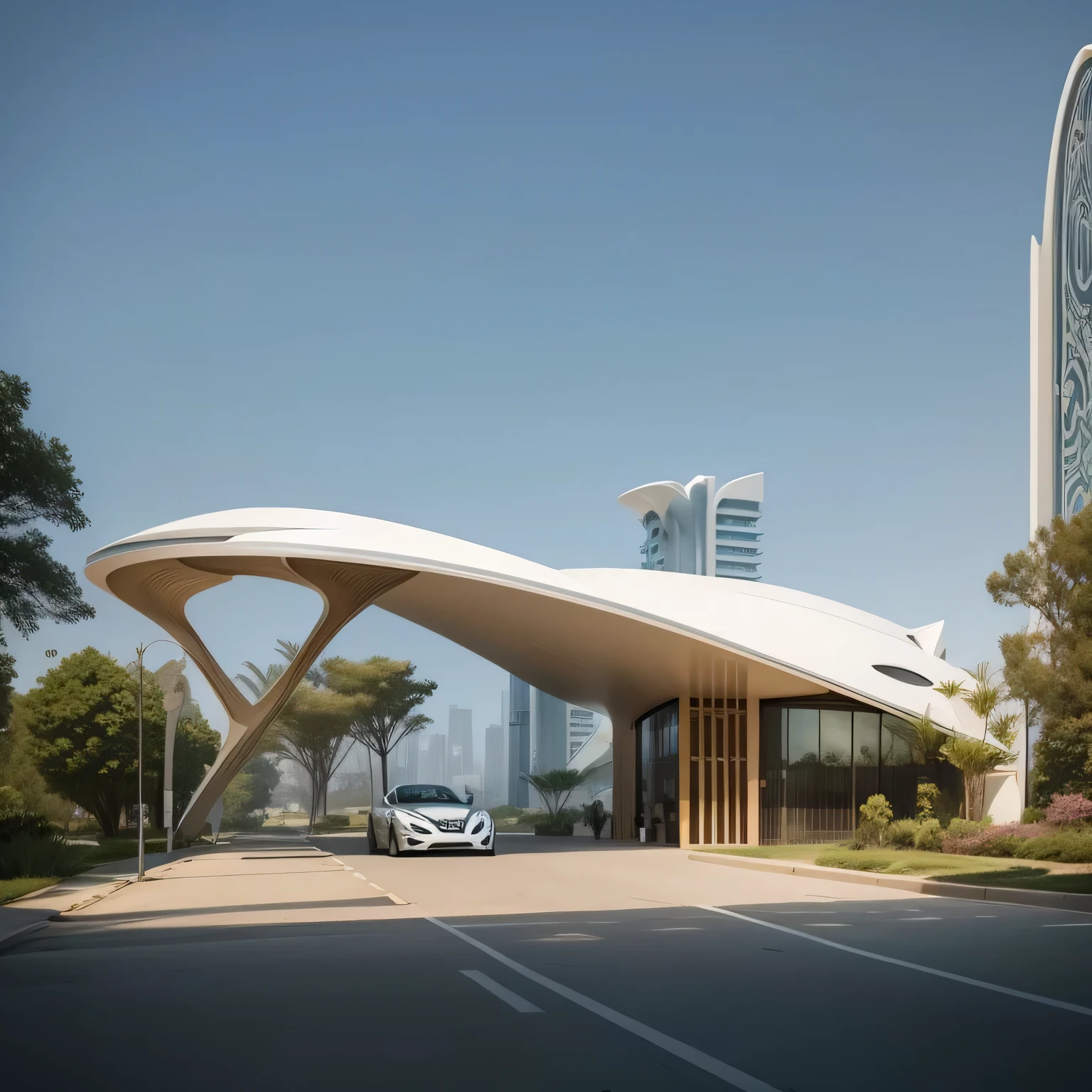 Arabic-style buildings on the roadside，There is a car parked in front, by Zha Shibiao, inspired by Zha Shibiao, architectural renderinging, Zaha Hadid Style architect, norman foster style, architectural visualization, concept house, Zaha Hadid Style, organic architecture, futuristic church, sustainable architecture, architectural rendering