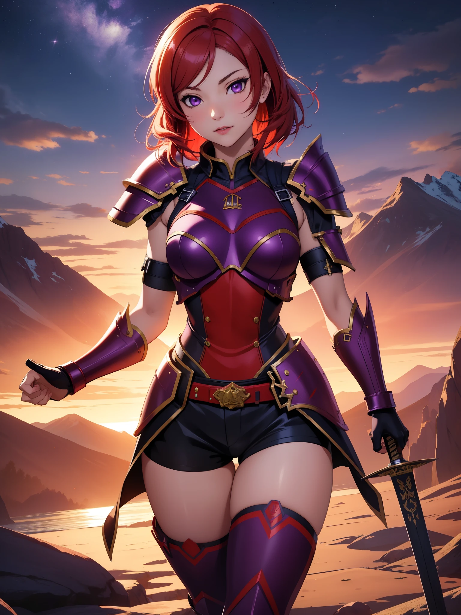 (Masterpiece, Best Quality, High Quality), facing viewer,volumetric lighting, illustration, beautiful, perfect lighting, perfect shadows,Nishikino maki , cowboy shot, (armor:1.2), short shorts, thighs, solo, purple eyes ,red hair ,in mountains,under moonlight, dynamic pose, holding sword