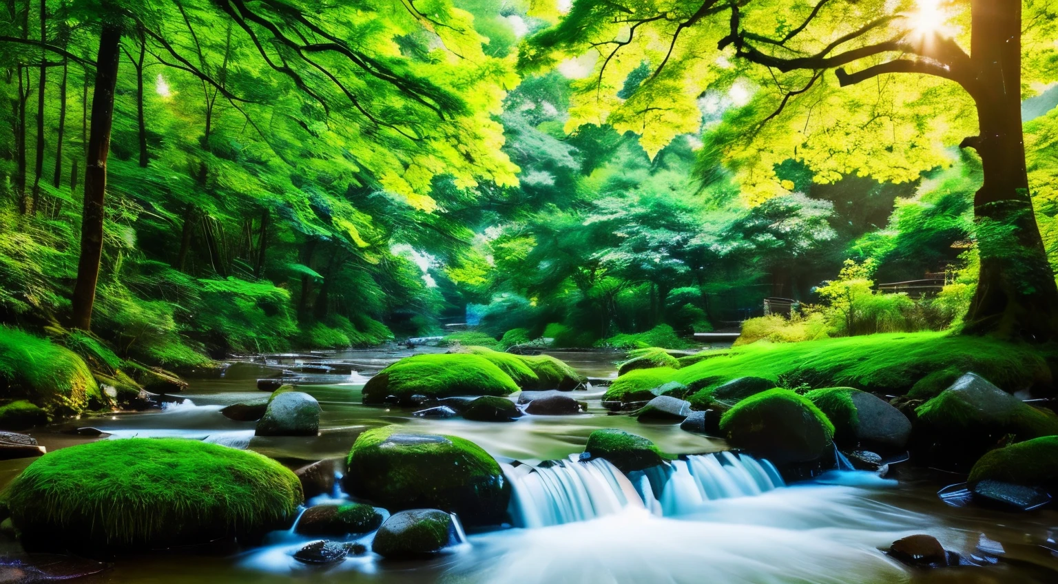 I took a photo of a peaceful moment spent in nature..。wood々Imagine a peaceful landscape bathed in soft morning light.。.。a gentle meandering stream、Surrounded by lush greenery。The overall atmosphere is calm and connected to the natural world.、Highlights the beauty and serenity of outdoor moments。