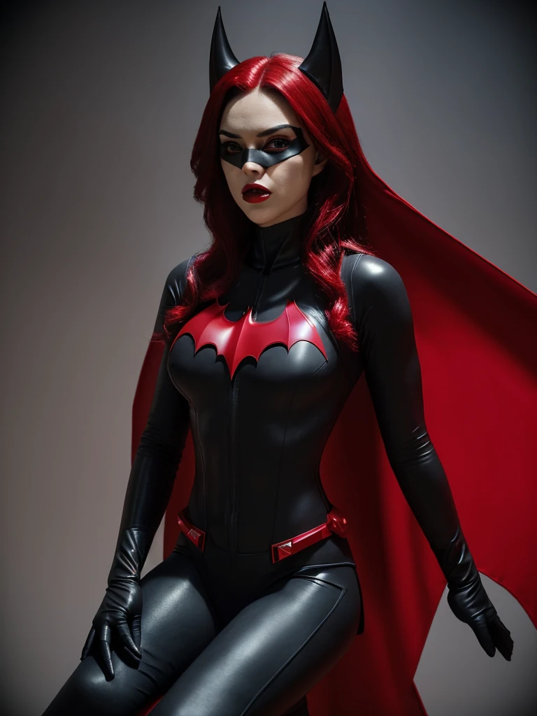 raw the Batwoman costume featuring a sleek black bodysuit with a red bat emblem on the chest, accessorized with a utility belt, black gloves, boots, and a crimson-colored cape. The mask should have pointed ears and cover the upper half of the face, leaving the mouth and chin exposed.