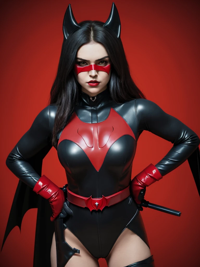 raw the Batwoman costume featuring a sleek black bodysuit with a red bat emblem on the chest, accessorized with a utility belt, black gloves, boots, and a crimson-colored cape. The mask should have pointed ears and cover the upper half of the face, leaving the mouth and chin exposed.